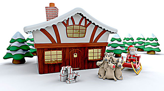 圣诞老人,冬天,小屋,圣诞树