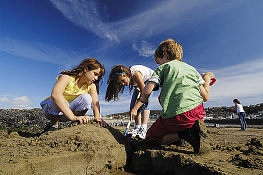 英格兰,德文郡,三个,10岁,孩子,玩,太阳,海滩