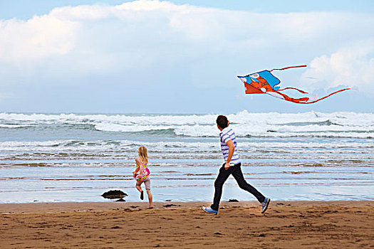 父亲,女儿,飞,风筝,海滩