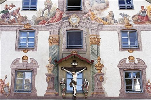 房子,壁画,艺术,上巴伐利亚,德国,欧洲