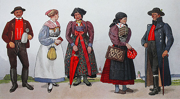 人,传统服装,时尚,衣服,德国,服饰,巴伐利亚,上巴伐利亚,19世纪,插画,欧洲