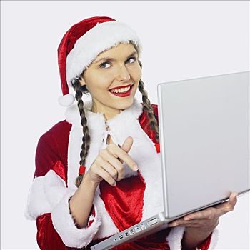微笑,女人,姿势,装扮,圣诞老人,用电脑