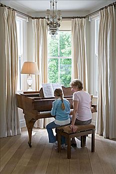 女孩,祖母,演奏,钢琴