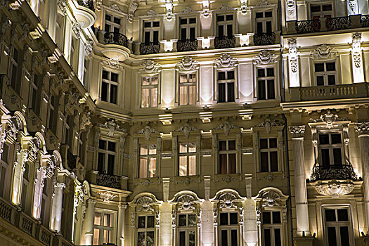 建筑,酒店,19世纪,夜晚,卡罗维瓦里,捷克共和国,欧洲
