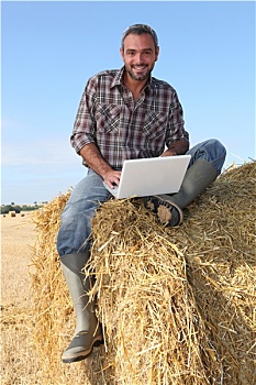 农民,坐,稻草包,电脑