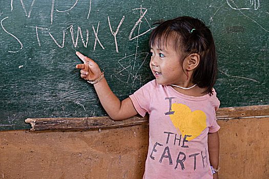 小女孩,学生,指向,黑板,阿卡族,清莱,省,北方,泰国,亚洲