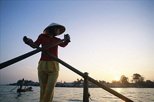 船,女人,湄公河,日出,芹苴,湄公河三角洲,越南