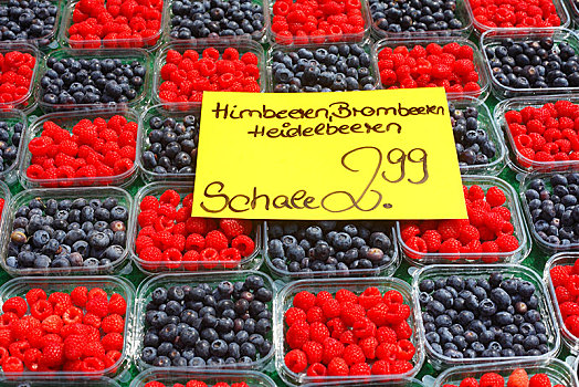 新鲜,蓝莓,树莓,托盘,价签,市场摊位,不莱梅,德国,欧洲