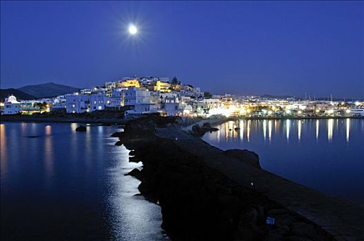 夜景,半岛,纳克索斯岛,满月,基克拉迪群岛,希腊,欧洲