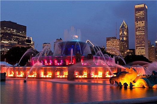 芝加哥,夜晚,喷泉