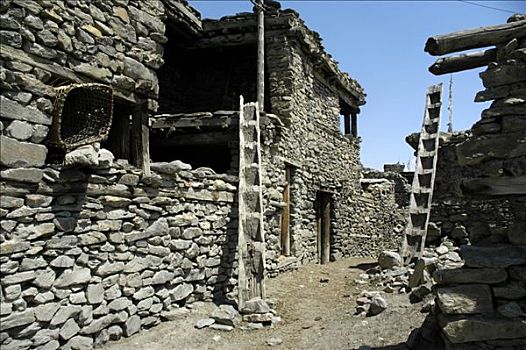 石头,房子,木质,梯子,安娜普纳地区,尼泊尔