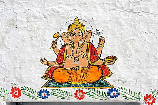 墙壁,描绘,象头神迦尼萨,神,加德希神庙,乌代浦尔,拉贾斯坦邦,北印度,印度,南亚,亚洲