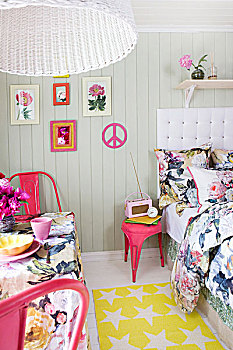 床,桌子,小,房间,花,纺织品,深粉色,复古,椅子,配饰
