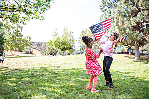 女孩,美国国旗,玩,公园