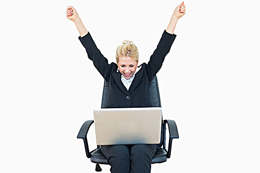 成功,年轻,职业女性,抬手,胜利,笔记本电脑,上方,白色背景