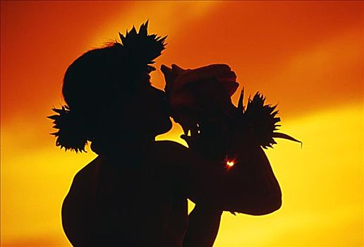 夏威夷,毛伊岛,剪影,男人,吹,海螺壳,日落,火红,橙色天空