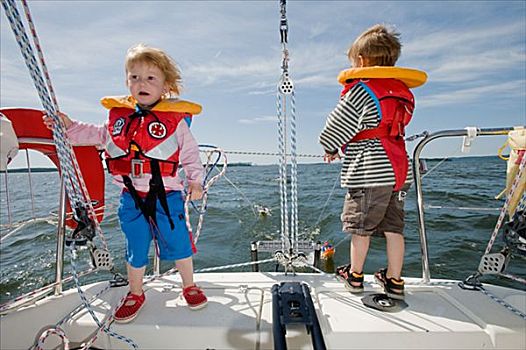 女孩,男孩,站立,帆船,瑞典