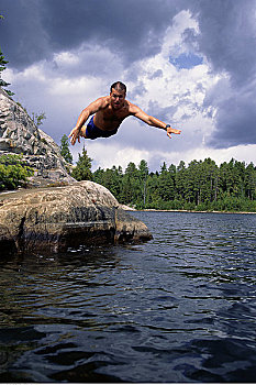 男人,跳跃,湖