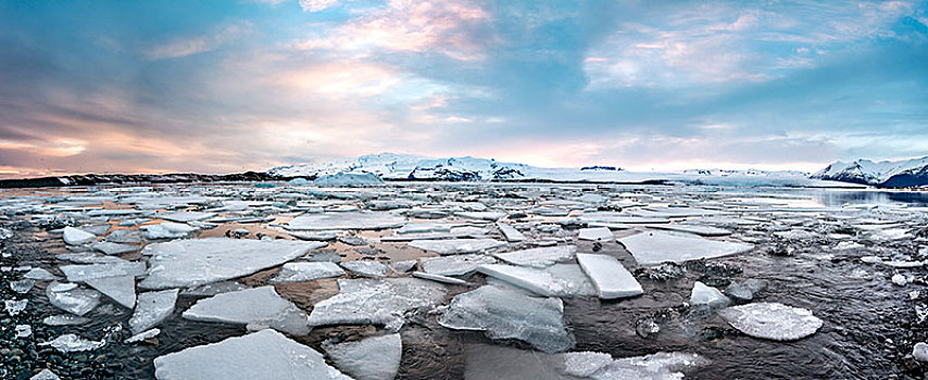 浮冰,冰河,杰古沙龙湖,泻湖,湖,日落,南方,边缘,瓦特纳冰川,东南部,冰岛,欧洲