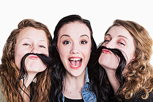 三个女人,年轻,滑稽,姿势,长发,胡须,艾伯塔省,加拿大