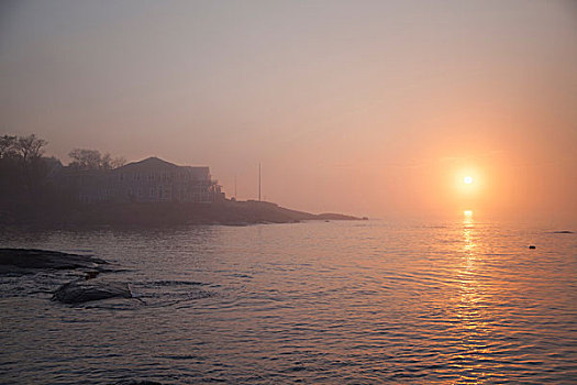 风景,海岸线,雾气,上方,海洋,日出,马萨诸塞,美国