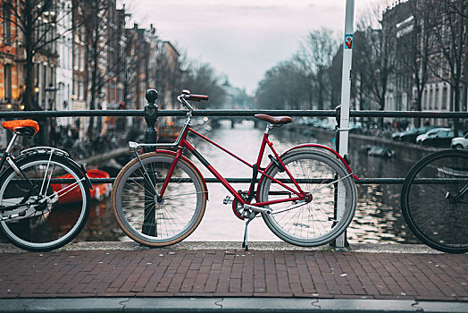 红色,自行车,上方,阿姆斯特丹,运河