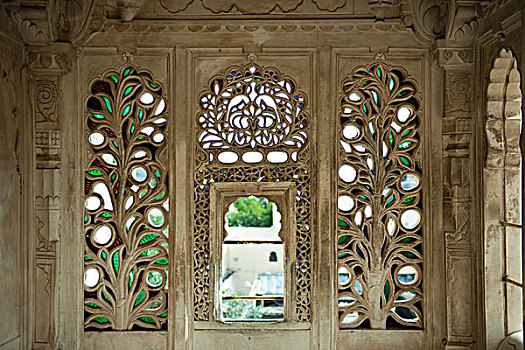 装饰,窗户,城市宫殿,乌代浦尔,拉贾斯坦邦,印度,亚洲