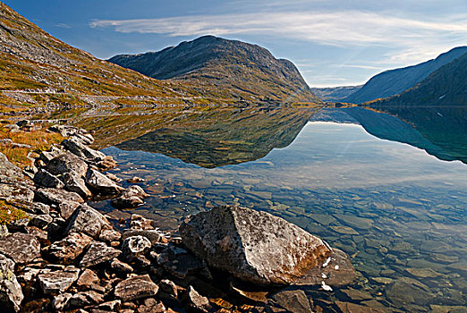 湖,围绕,山峦,反射,平静,清水,挪威,欧洲