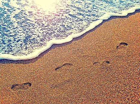 脚印,湿,沙子,海滩
