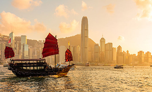 中国,木质,红色,帆,船,香港,维多利亚港,日落,时间