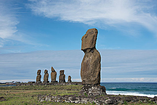 智利,复活节岛,拉帕努伊,汉加洛,拉帕努伊国家公园,阿胡塔哈伊,孤单,风化,站立,海岸,远景,五个,大幅,尺寸