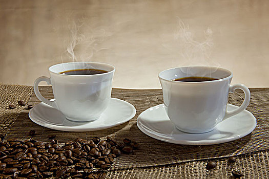 两个,杯子,蒸汽,咖啡,咖啡豆,正面