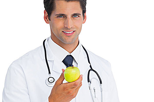 医生,拿着,苹果,微笑,白色背景