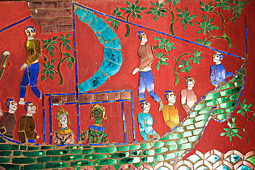 老挝,琅勃拉邦,寺院,皮质带,丧葬,室内,壁饰,镶嵌图案