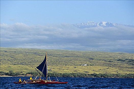 夏威夷,夏威夷大岛,舷外支架,航行,独木舟,雪冠,莫纳克亚,背景