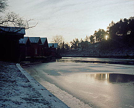 冰冻,河,木质,房子,上升,太阳,波尔沃,芬兰