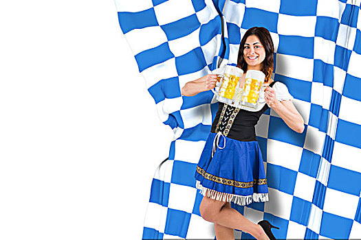 合成效果,图像,漂亮,女孩,拿着,啤酒,大桶,蓝色,白色,旗帜