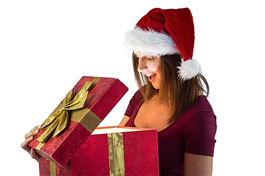 漂亮,女人,圣诞帽,开着,礼物,微笑