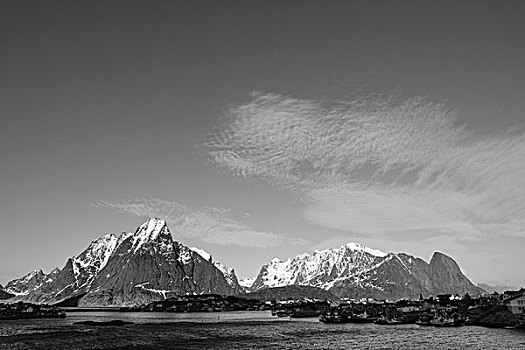 山景,黑白,瑞恩,罗弗敦群岛,挪威