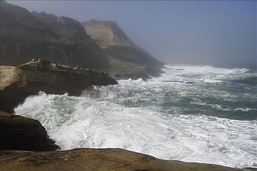 波浪,碰撞,岩石海岸,俄勒冈,美国