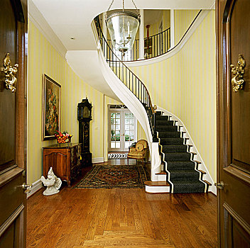 黄色,走廊,正前,入口,弯曲,楼梯,木地板