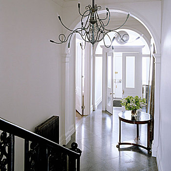 吊灯,优雅,楼梯井,拱,老式,边桌,入口,家