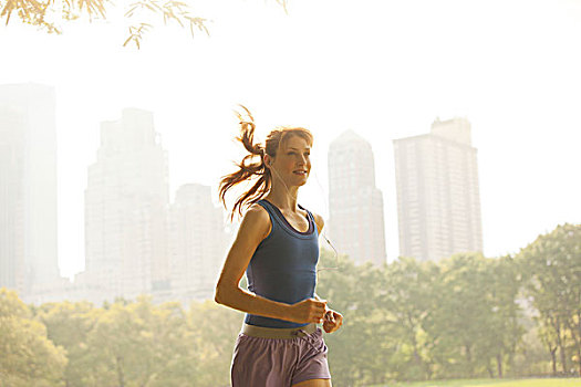 女人,跑,城市公园