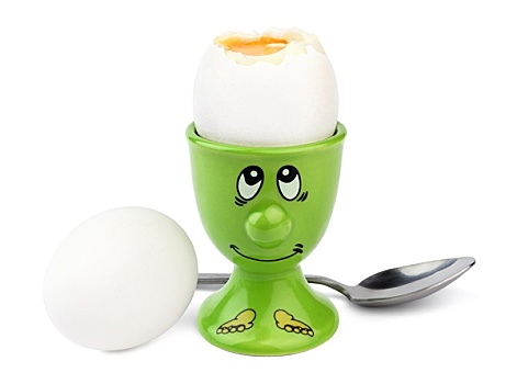 绿色,蛋杯,脸绘,两个,煮蛋,勺子,隔绝,白色背景,背景