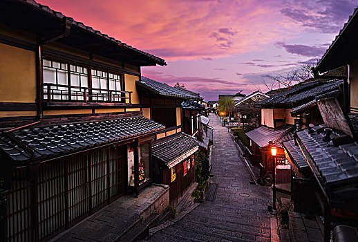 日出,历史,街道,红色,紫色天空,东山,京都