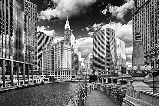 美国,伊利诺斯,芝加哥,密歇根,立交桥,上方,河,河滨步道,建筑背景