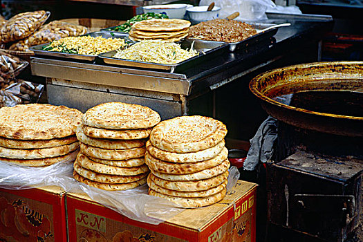 中国,西安,一堆,扁平面包,户外,食品市场,穆斯林,街道