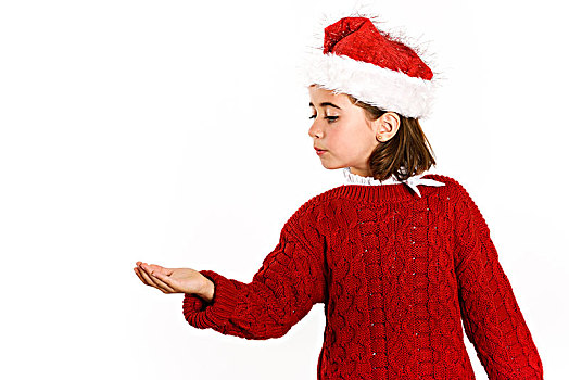 可爱,小女孩,戴着,圣诞帽,隔绝,白色背景,背景,冬服,圣诞节