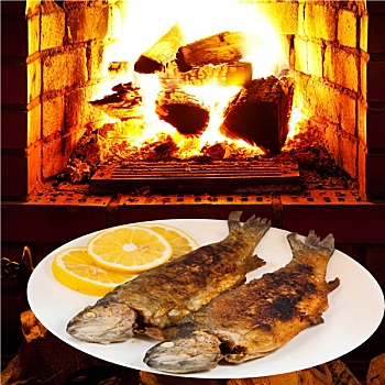 油炸,河,鲑鱼,鱼肉,盘子,火,烤炉