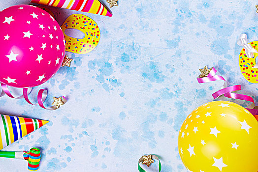 鲜明,彩色,节庆,聚会,场景,气球,彩带,五彩纸屑,蓝色背景,风格,生日,狂欢派对,贺卡,留白